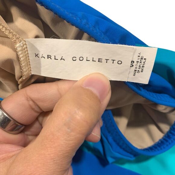 Karla Coletto Womens Blue Colorblock One Shoulder Ruched Swimsuit 6 Beach Cruise - Picture 2 of 5